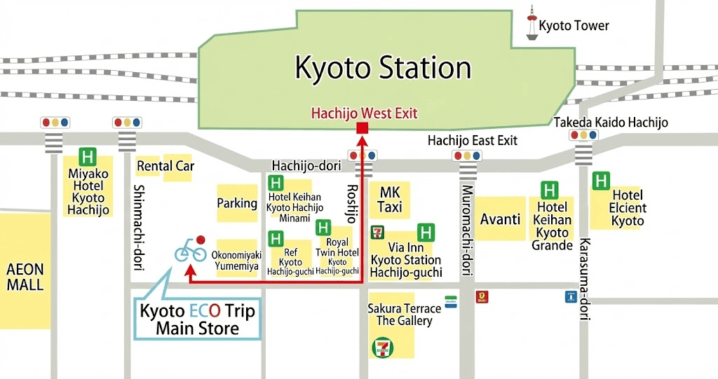 Map showing LockerPass location near Kyoto Station Hachijo Exit